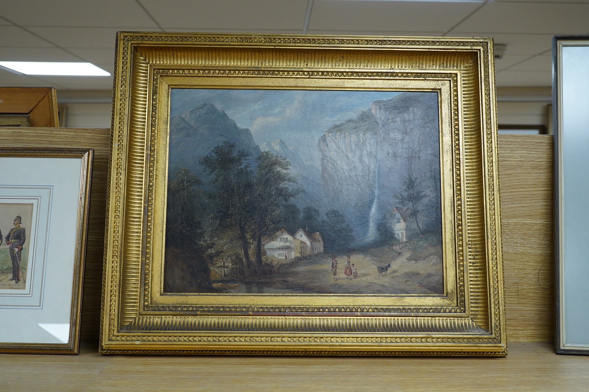 19th century Swiss school, oil on canvas, study of Staubbach Falls, near Lauterbrunnen, gilt frame, 32x42cm. Condition - fair to good